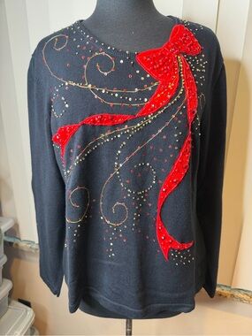Vintage Jack B. Quick black holiday sweater prominent red fabric bow Size XL